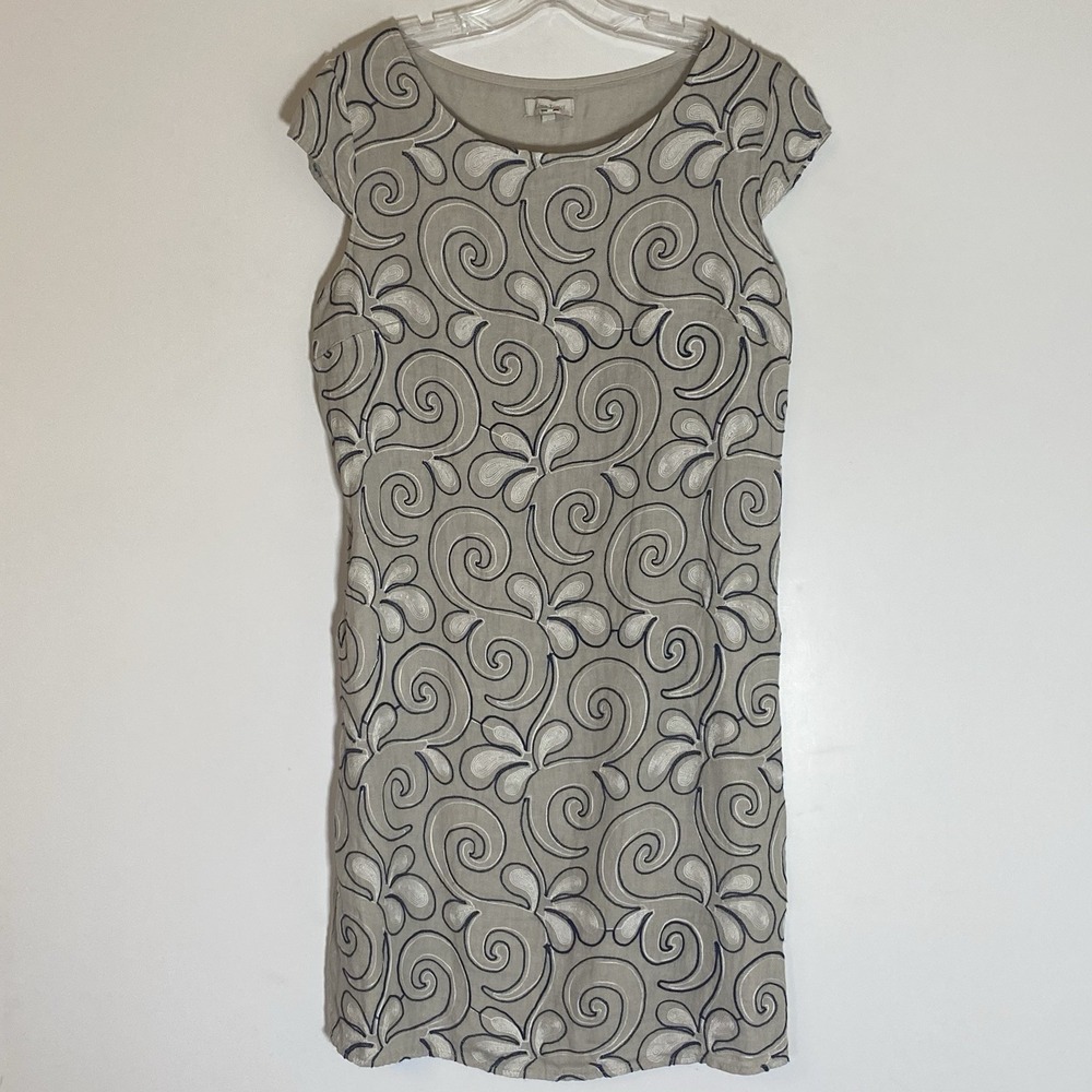 Lina Tamei Dress Womens Large Gray Multi Floral Linen Embroidered Boho Pockets L